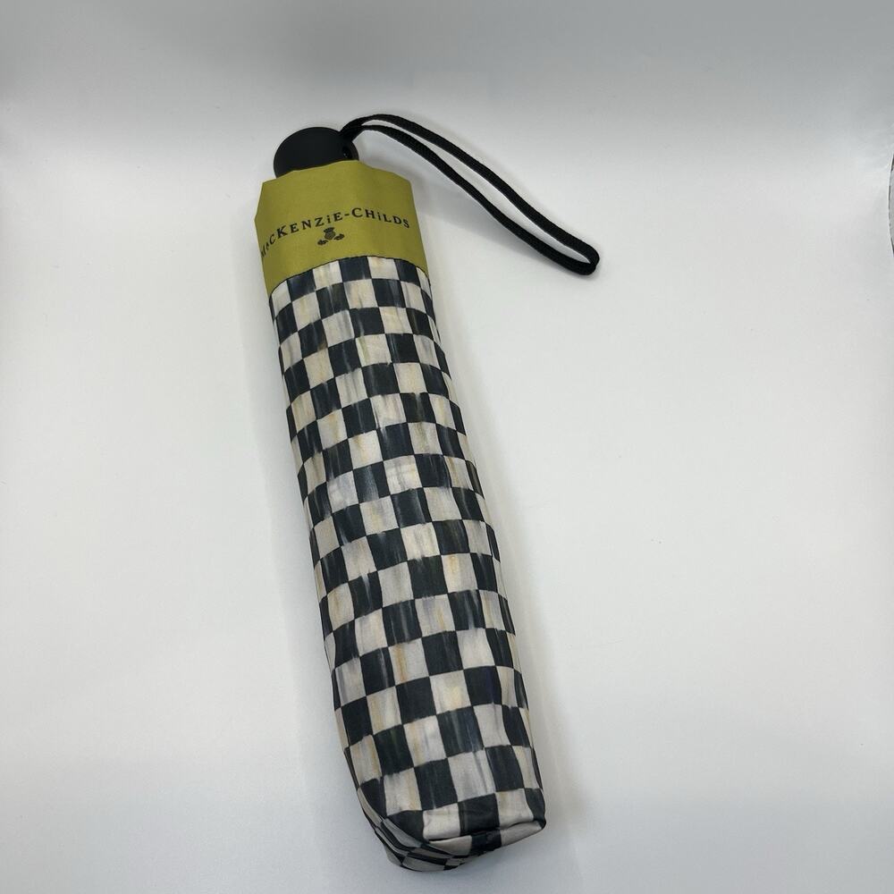 MacKenzie-Childs Courtly Check Travel Umbrella Black White Automatic NWOT